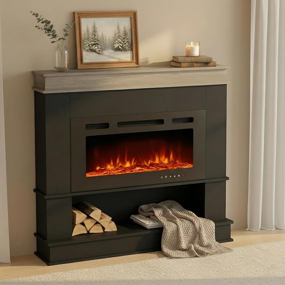 59" Electric Fireplace with Mantel, Freestanding Electric Fireplaces with 50" Fireplace Heater, Remote Control, Low Noise, Open Storage, Timer, Adjustable Flame Color & Brightness, Black