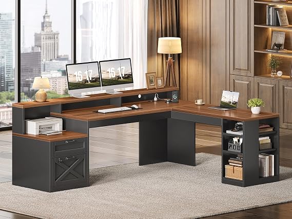 SEDETA L Shaped Desk with 2 Drawers, 65"x 59" Large Home Office Desk with Lockable File Drawer & Power Strip, Corner Desk with Storage