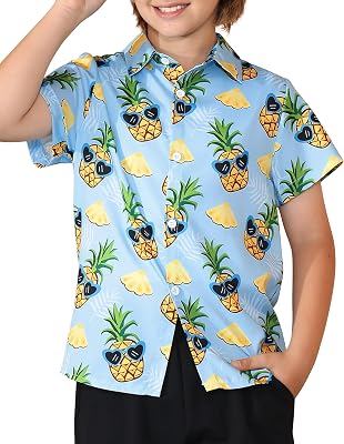 Boys Hawaiian Shirts Short Sleeve, Tropical Button-Down Shirts for Youth Kids 5-14 Years Summer Vacation Beach Swim