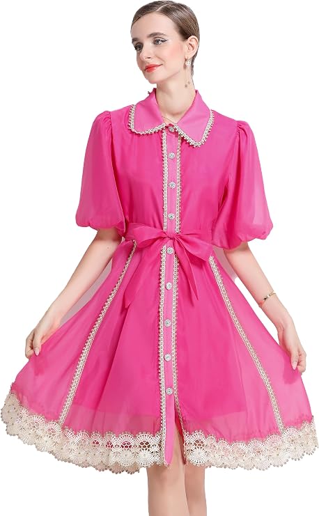 LAI MENG FIVE CATS Women's Summer Organza Lapel Neck Lantern Sleeve Lace Button Elegant Midi Dress