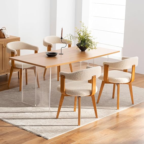 EYYTHUNG Swivel Dining Chairs Set of 4,Upholstered Boucle Dining Chairs with Arms and Wood Legs,Mid Century Modern Kitchen Chairs for Kitchen, Dining Room, Living Room, White and Dark Oak