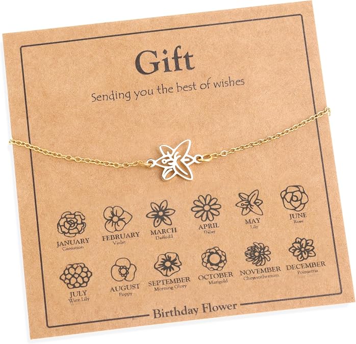 Birth Flower Gold Bracelets for Women, Statement Adjustable Stackable Birthday Chain Bracelet Outfit Accessories Jewelry Gift.