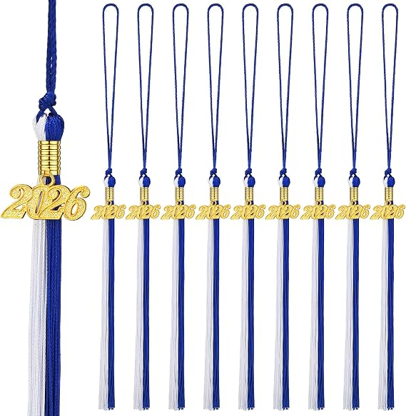 Chuangdi 10 Pieces 2026 Grad Graduation Tassels Graduation Cap Tassels with 2026 Charms Graduate Hat Decoration for School Party Favors(Blue and White)