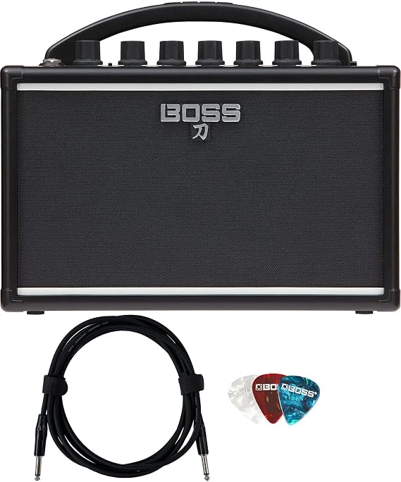 Boss Katana Mini Guitar Combo Amplifier Bundle with Gearlux Instrument Cable and 3-Pack Picks