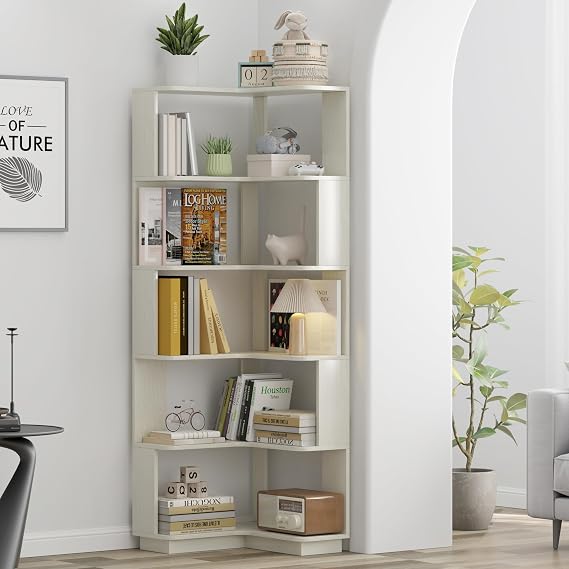 Corner Bookshelf 65'' Tall L-Shaped Bookshelf for Small Room, 5 Tier Display Shelf Open Storage Rack for Living Room Office Study, White Oak