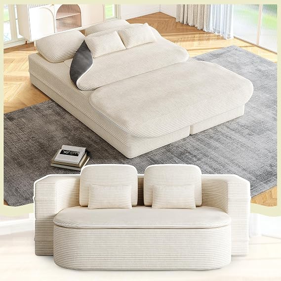 Antetek Convertible Sleeper Sofa, Modern Folding Futon Corduroy Floor Foam Compression Loveseat Sofa Bed Couch, Foldable Full Size Guest Bed with 4 Pillows for Living Room Bedroom Apartment, Beige