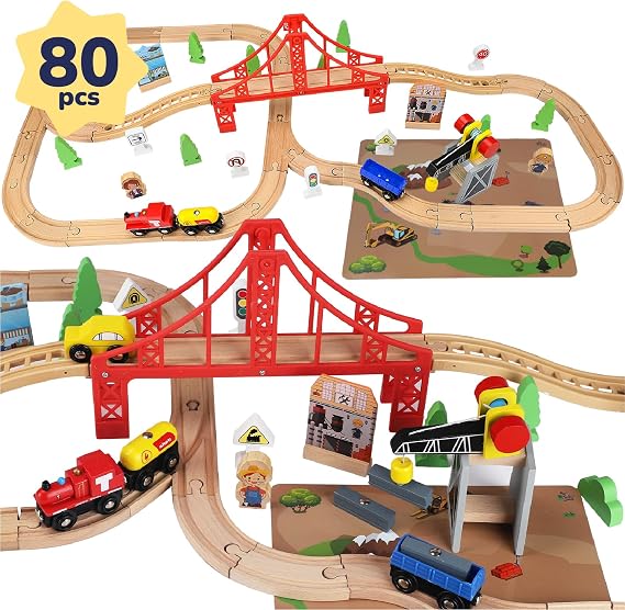 TOY Life Wooden Train Set with Crane, 80-Pc Track, Boys 3+