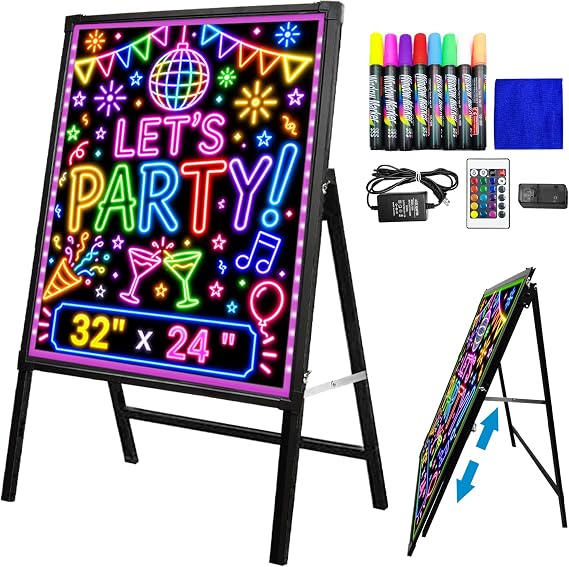 Standing A-Frame LED Message Writing Board 32" x 24", Neon Menu Sign with Adjustable Height, Outdoor Menu Display Board with 8 Colors Markers and Remote Control, DIY Message Light Board