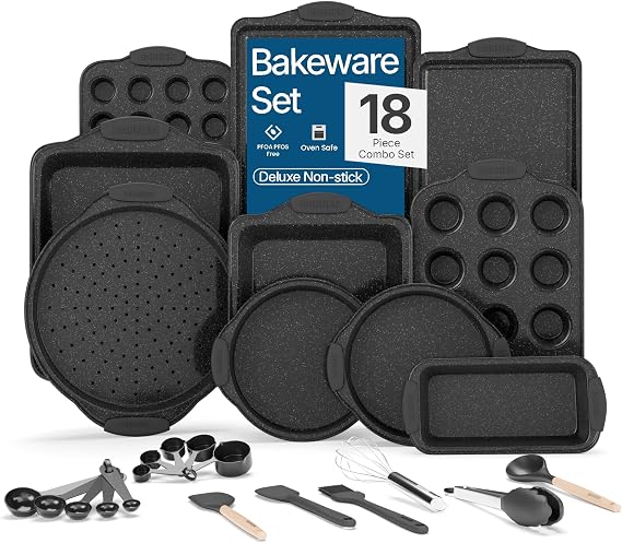 BAKKENMASTER 18-Piece Kitchen Oven Baking Set: Nonstick Gray Marble Coating, Carbon Steel Bakeware, Silicone Handles, Dishwasher Safe, Professional Quality, PFOA-Free