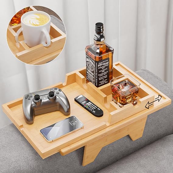 Bestjing 2 in 1 Bamboo Couch Cup Holder Tray with Double Holder Tray