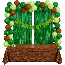 Swamp Theme Party Decorations Kit, Green Birthday Party Supplies with Banner, Green & Brown Balloons, Backdrop Curtains and Wood Grain Tablecloth