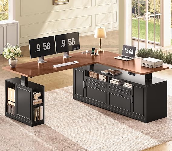 SEDETA Farmhouse L Shaped Executive Electric Standing Desk with 4 Drawers