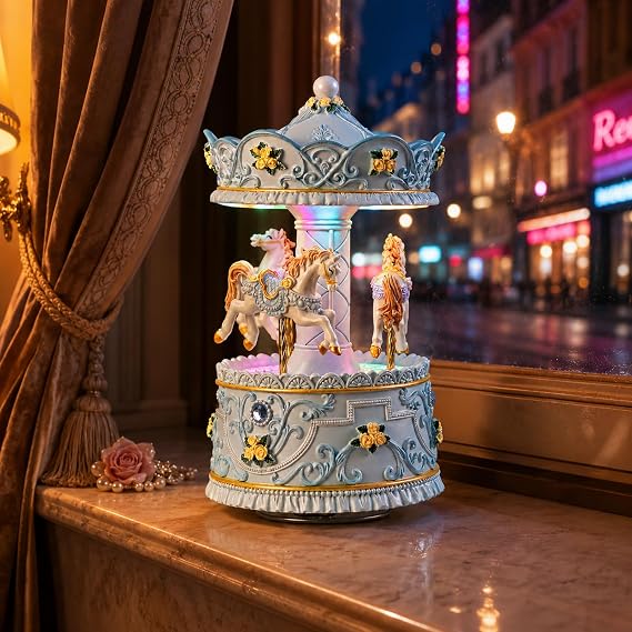 Lighted Rotating Carousel Music Box, Wind Up Musical Merry-Go-Round Figurine, Hand Painted Vintage Blue Collectible Decor, Plays Over The Rainbow, Gift for Girls, Women, Nursery, Bedroom