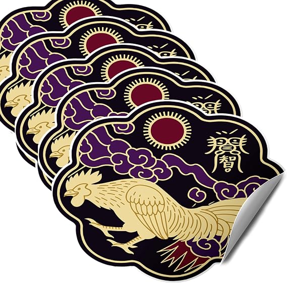 Rooster Amulet Feng Shui Stickers, Symbol of Clarity, Loyalty and Harmonious Relationships, Decorative Office and Partnership Luck Stickers, Feng Shui Gift, Made in USA, 4.3 Inch (5 Pack)