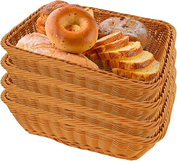 LOEQIAN 4 Pack Poly Wicker Bread Basket, 11.8 Inch Imitation Rattan Woven Bread Baskets, Rectangular Food Storage Baskets for Fruit, Bread, Vegetable, Home, Outdoor Use Storage Basket - Stacka