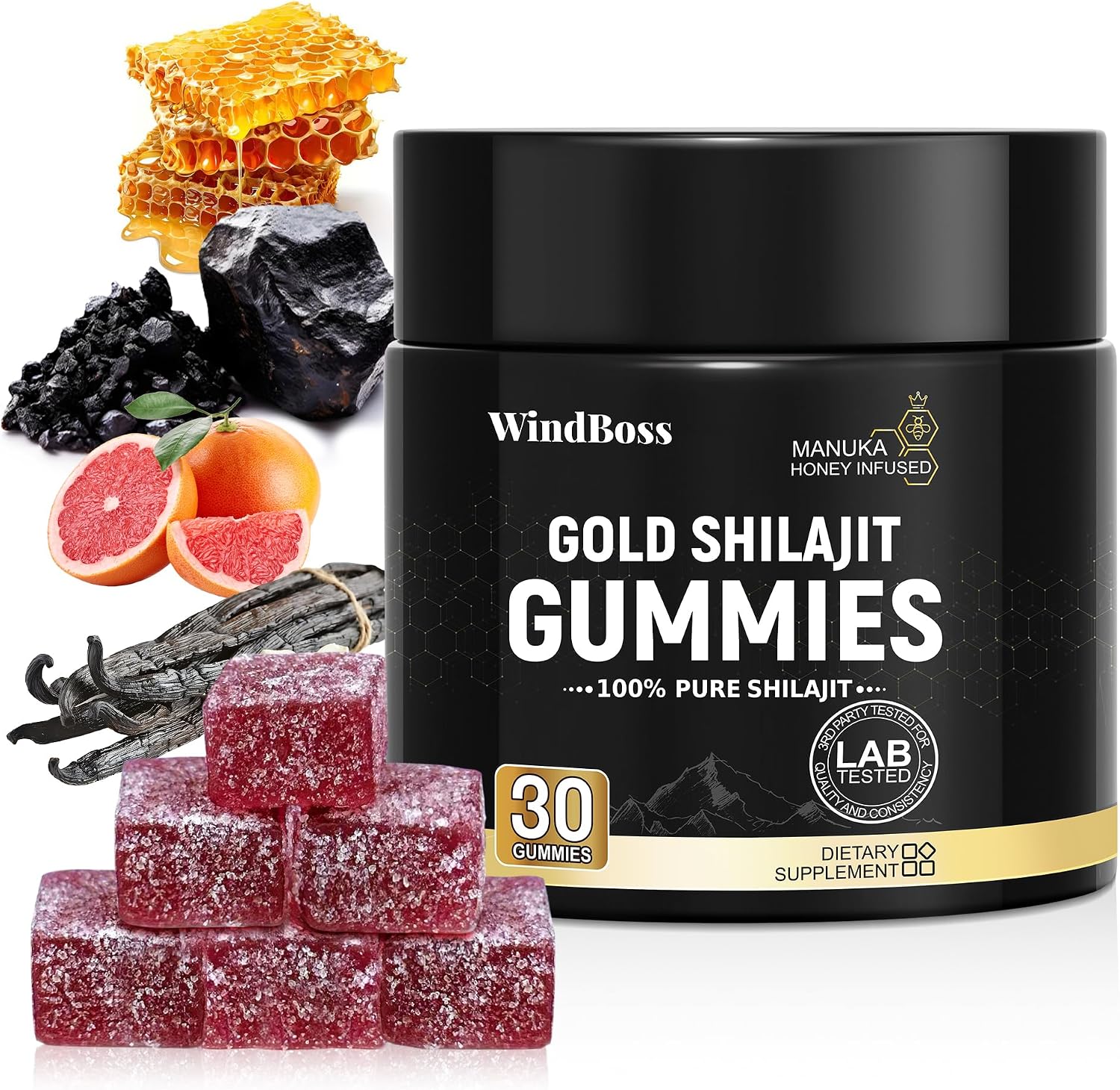 Windboss. Organic Shlajit Gummies | Organic Blood Orange Oil Flavor | Cane Sugar Free, Sweetened by Organic Manuka Honey | Clean Formula | Heart & Brain, Cellular Health 30 Healthy Gummies
