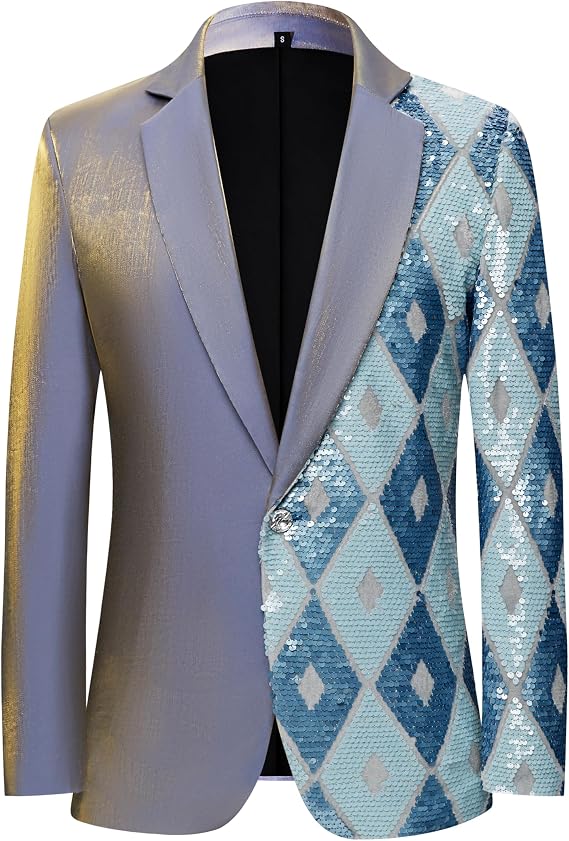 Men's Asymmetrical Design Blazer Sequin Geometric Diamond Pattern Slim Fit Jacket for Prom Wedding Banquet