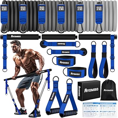 Pilates Equipment, Heavy Duty Pilates Bar Kit with Resistance Bands, Portable Gym Adjustable Exercise Bands, Home Squat Training, Arm, Abs, Waist, Chest Strength Workout Equipment for Men