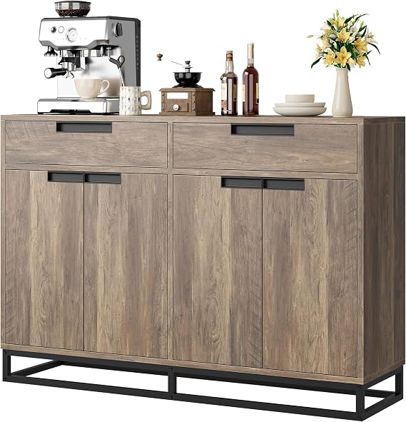 Garvee Kitchen Buffet Cabinet 55 Inch Large Modern Sideboard with 2 Drawers and 4 Doors, Coffee Bar Buffet Table for Kitchen and Dining Room, Brown