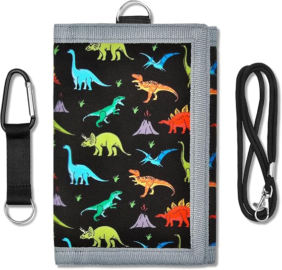 Kids Wallet for Boys, Boys Wallets for Kids 4-12 Trifold Wallet with Zippered Coin Pocket and Card Holders, Birthday Christmas Gifts Wallet - Black Dinosaur