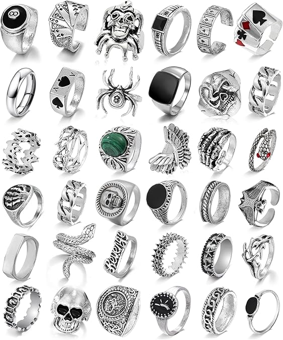GIFIKOI 36Pcs Vintage Silver Punk Rings Set for Men Cool Gothic Chunky Rings Signet Band Men's Skull Snake Bat Statement Knuckle Rings Set