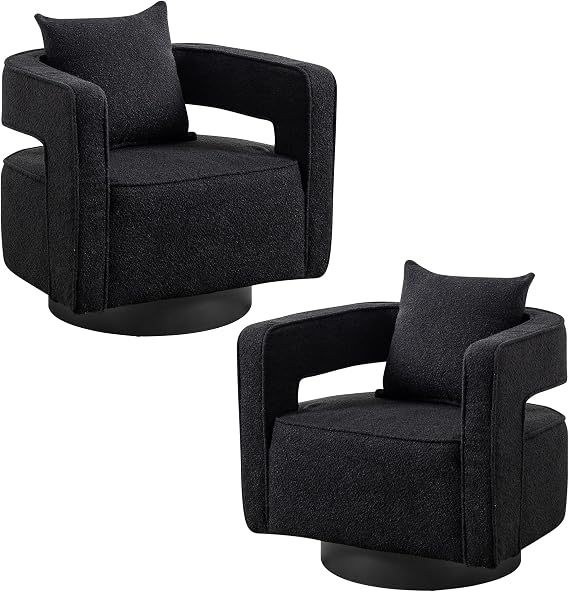Swivel Accent Chair Set of 2, Modern Swivel Barrel Chair for Living Room, 360 Degree Comfy Square Accent Chair with Open Back, Upholstered Armchair for Bedroom,Reading, Boucle, Black