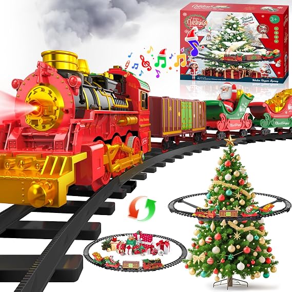 Hanging Christmas Train Set with Light/Smoke/Sound/Music, Toy Train Set Around Under the Christmas Tree, Christmas Toys Gift with Santa Claus, Christmas Tree Train Set for Kids 3-5 4-8