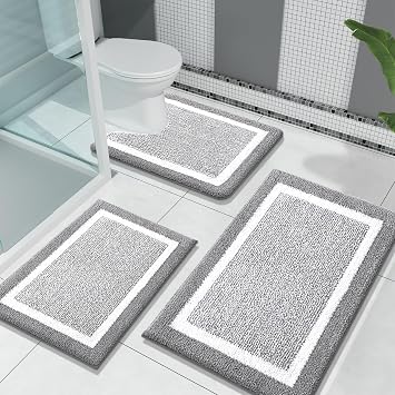 OLANLY Bathroom Rugs Sets 3 Piece, Soft Absorbent Microfiber Bath Mats and U-Shaped Contour Toilet Rug, Home Decor Accessories, Non-Slip, Bath Mat Set for Bathroom (30"x20"+24"x16"+24"x20", Grey)