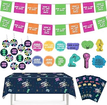 Breling VBS 2026 Decoration Kit 55 Pcs Illumination Themed Engagement Essentials Bundle 4 Tablecloth 25 Spiral Hanging Swirl 12 Floor Print 12 Wall Sticker 2 Banner Flag for Summer Bible School