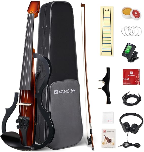 Vangoa Electric Violin Full Size 4/4 Solid Wood Ebony Silent Electric Violin With 4 Fine Tuners, Beginner Adult Professional Performance Kit With Pro Pick up 3-band EQ Earphones Line, Brown