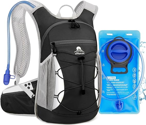 Hydration Backpack with 2L Water Bladder - Lightweight 15L Daypack with Phone-Sized Hip Belt Pockets, Anti-Chafe Cotton Edging & No-Bounce Straps - Small Water Backpack for Hiking, Running, Skiing