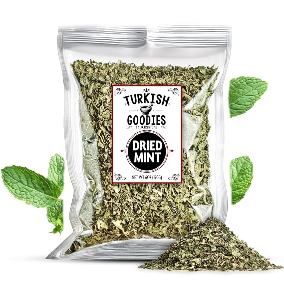 Turkish Goodies Dried Mint Leaves 6 oz, Cut and Sifted Spearmint, No Stems | Mentha spicata, non irradiated, no additives, resealable pouch, for tea, tzatziki, tabbouleh, lamb, yogurt, soups