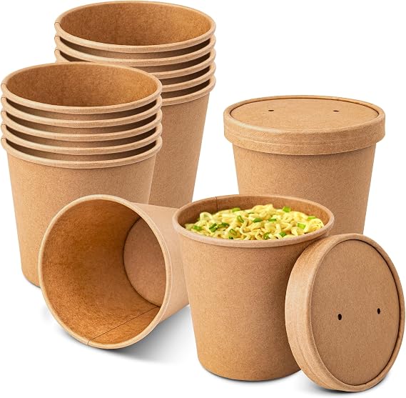 PakTalk Paper Soup Bowls with Lids, Disposable Ice Cream Cups Kraft Paper Soup Bowls 26oz To Go Soup Containers with Lids for Hot Soups, Food Storage, Ice Creams(10 Sets, 26 oz)