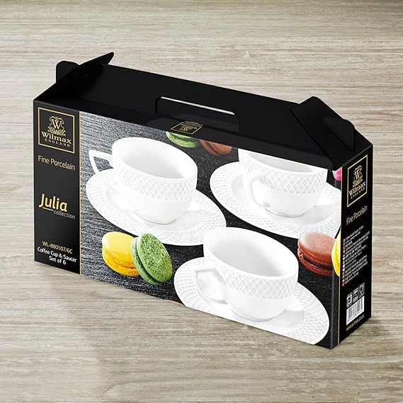 Wilmax Set Of Tea Cups & Saucers In Color Box (3 Oz/Set Of 6) | Dishwasher Safe, Easy To Clean | Fine, English Porcelain
