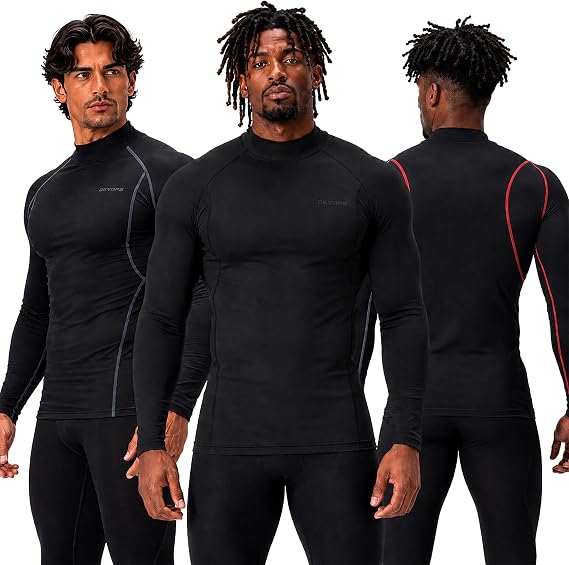 DEVOPS 3 Pack Men's Compression Baselayer Mock Neck Long Sleeve Shirts Top | Compression Fit, 4-Way Stretch, UPF 50+, Quick Dry, Running Gym and Workouts
