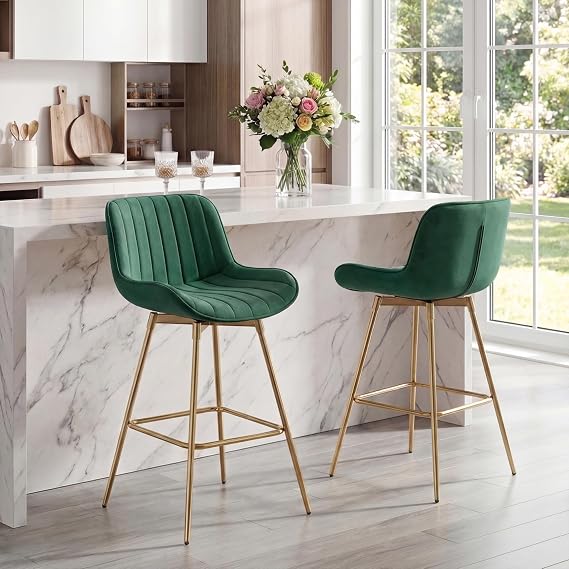 Zouron Swivel Bar Stools Set of 2 for Kitchen, 29" Counter Height Bar Chairs with Back Tall Barstools Velvet Kitchen Island Stools with Gold-Plated Metal Legs, Green