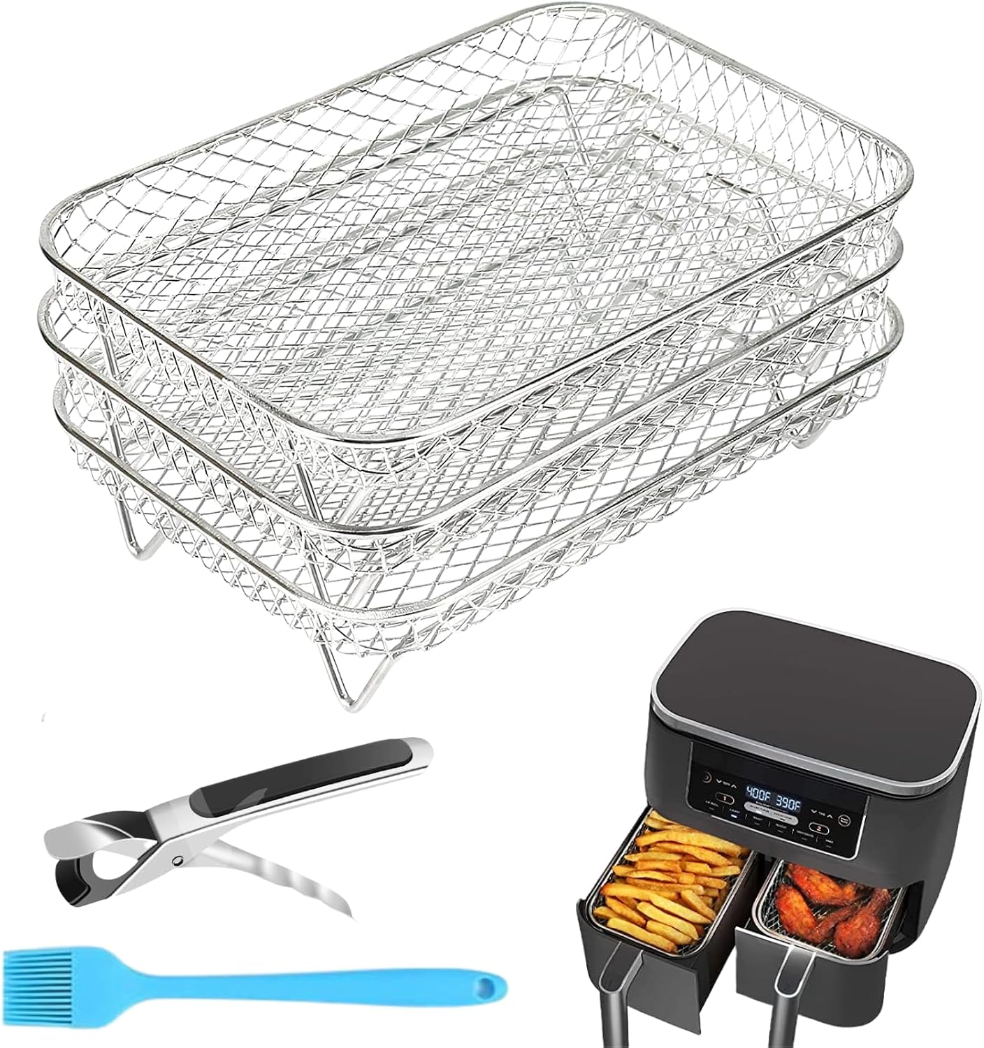 Air Flyer Accessories - 3 Stackable Air Fryer Rack for Ninja Dual Airflyers, 304 Stainless Steel Rectangular Dehydrator Rack with Oil Brush & Tongs for Dual, Double, 2 Basket Air Fliers