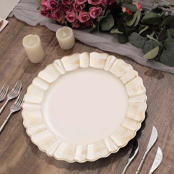 Efavormart 6-Pack Beige Gold Brushed Scalloped Charger Plates - 13" Round Plastic Underplates for Champagne Themed Weddings and Glamorous Anniversaries