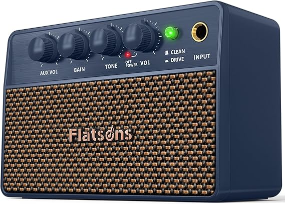 Flatsons FBA-10 Guitar Amplifier, Drive/Clean Tone Electric Guitars Amp, 10W Mini Portable Amp with Type-C Rechargeable Battery 6H Work, Wireless Vintage Guitar Speaker for Practice Travel (Blue)