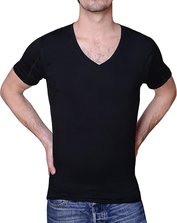 Sweatproof Undershirt for Men, V-Neck, Black, Sweat Pads