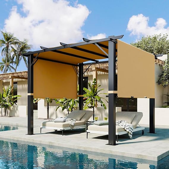 Aoxun 10'x10' Outdoor Retractable Pergola, Heavy Duty Metal Frame Pergola with Side Adjustable Sun Shade Canopy, Modern Backyard Pergola for Garden, Deck, Patio, Lawn,Grape Trellis