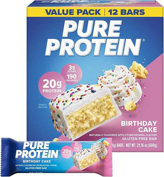 Pure Protein Bars, High Protein, Nutritious Snacks to Support Energy, Low Sugar, Gluten Free, Birthday Cake, 1.76 oz, Pack of 12