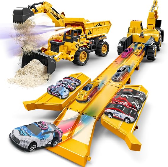 w/Semi Truck with 6 Small Toy Cars, 4-in-1 Mini Excavator, Bulldozer, Engineering Vehicles Toddler Toys w/Lights & Sounds, Model Kids Toys for Ages 5-7