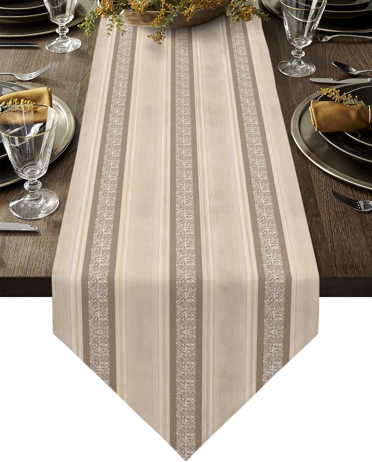 Z&L Home Brown Stripe Linen Burlap Table Runner,Geometric Floral Dresser Scarf Table Decorations for Everyday Use,Table Runners for Dinner Party Event 13x70In