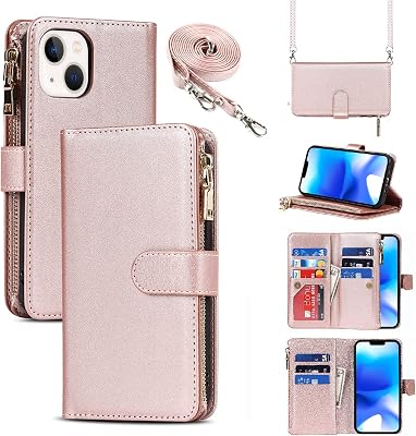 Jaorty for iPhone 14 Plus Phone Case Wallet for Women Men with Card Holder,for iPhone 14 Plus Crossbody Case with Strap Shoulder Lanyard, Zipper Pocket PU Leather Cases,6.7 Inch Rosegold