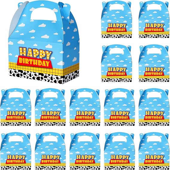 Ragnhild 16 Pcs Cow Print Birthday Party Favor Boxes, Cow Pattern Birthday Goodie Box Party Supplies, Blue Sky White Cloud Kraft Paper Gift Boxes for Kids Decorations