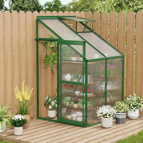 4x4 Ft Greenhouse, Lean-to Polycarbonate Greenhouse with Quick Setup Structure, Roof Vent&Sliding Door, Aluminum Walk-in Green House for Outside Garden Backyard, Patio, Lawn, Green