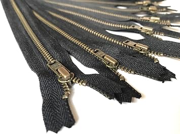 Antique Gold YKK Black Metal Zippers 6 Inch No.5 for Bags Set of 12