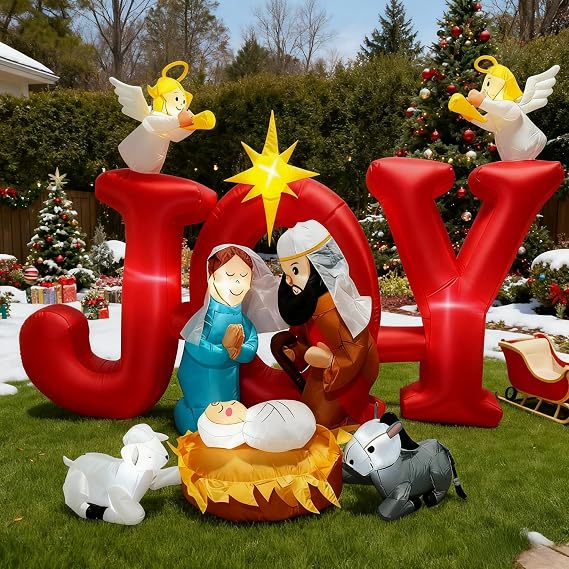 8 FT Christmas Inflatables Joy Nativity Scene Outdoor Decoration Xmas Blow up Religious Yard Decor with Build-in LEDs for Garden Lawn Holiday Party