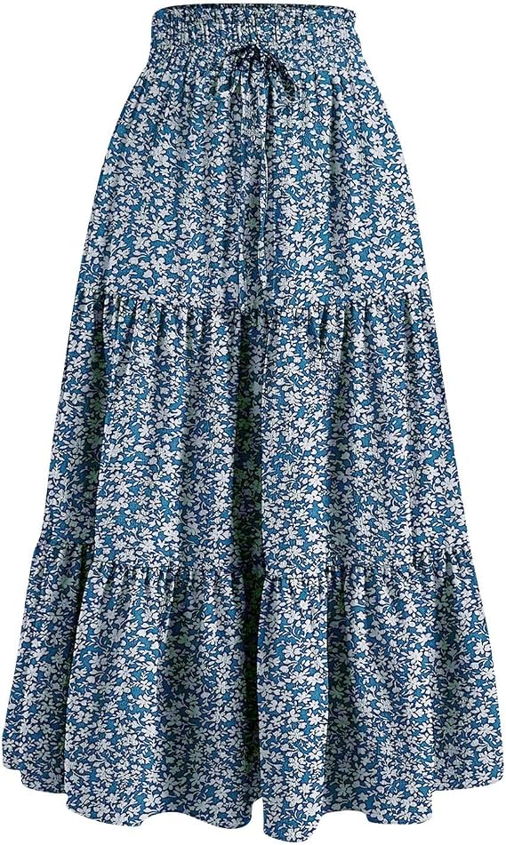 Summer Skirts for Women 2026 Vacation Boho Floral Tiered Maxi Skirt Drawstring High Waisted Flowy Ruffle A Line Skirt